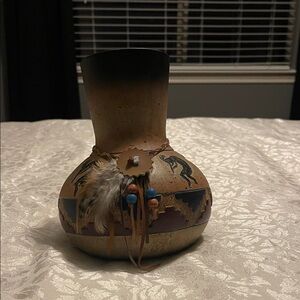 Decorative Southwestern Vase with Feather Accents